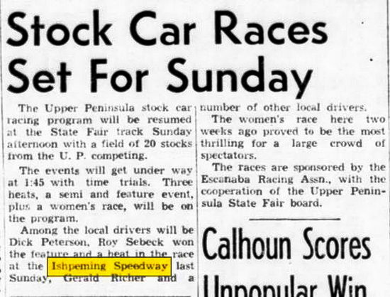 July 1959 article Ishpeming Speedway, Ishpeming